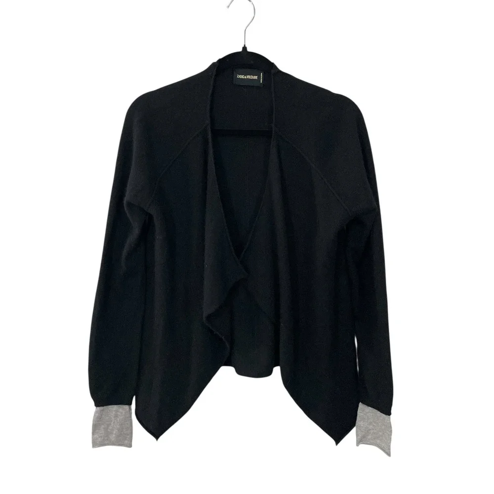 Zadig & Voltaire Daphnee New C Black Cashmere Cardigan Sweater M Open Waterfall - Picture 1 of 9